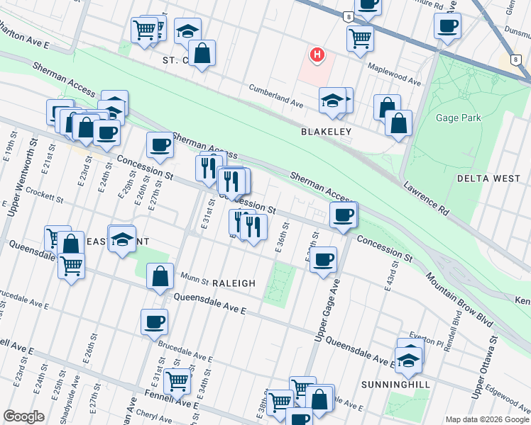map of restaurants, bars, coffee shops, grocery stores, and more near 836 Concession Street in Hamilton