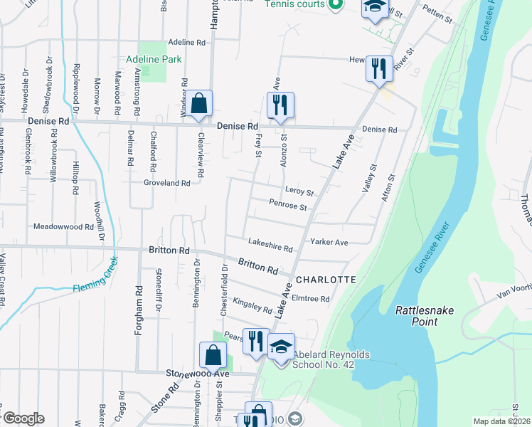 map of restaurants, bars, coffee shops, grocery stores, and more near 61 Grassmere Park in Rochester