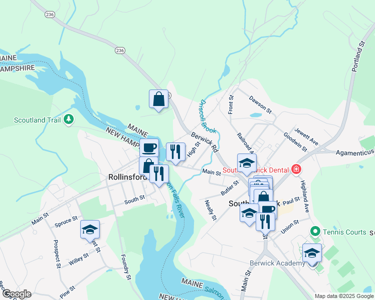map of restaurants, bars, coffee shops, grocery stores, and more near 20 High Street in South Berwick