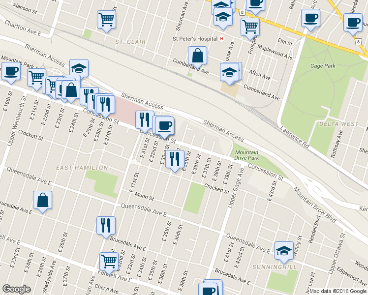 map of restaurants, bars, coffee shops, grocery stores, and more near in Hamilton