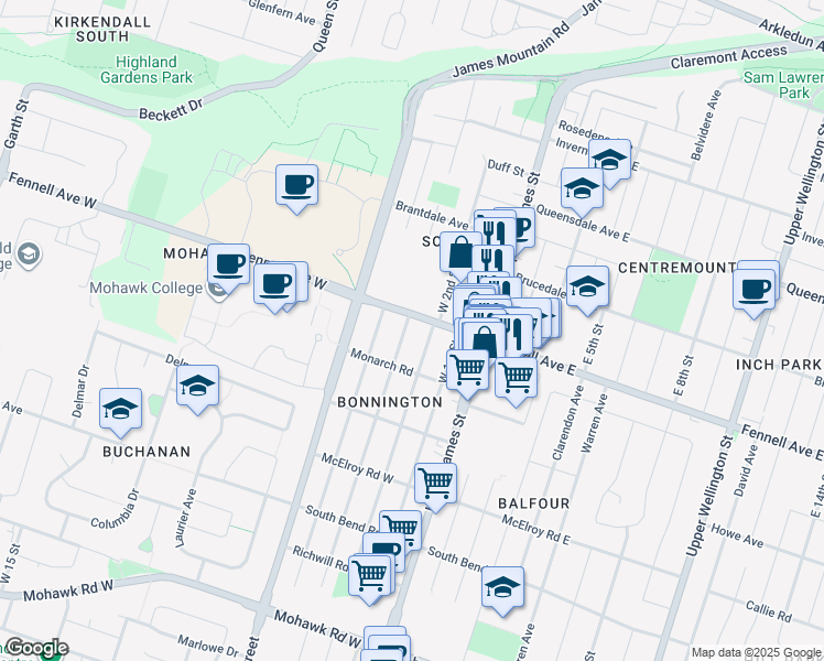map of restaurants, bars, coffee shops, grocery stores, and more near 7 West 3rd Street in Hamilton