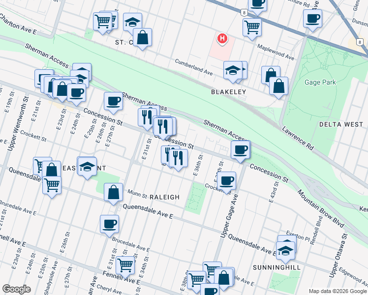 map of restaurants, bars, coffee shops, grocery stores, and more near 832 Concession Street in Hamilton