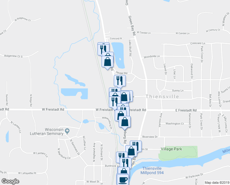 map of restaurants, bars, coffee shops, grocery stores, and more near 407 N Main St in Thiensville