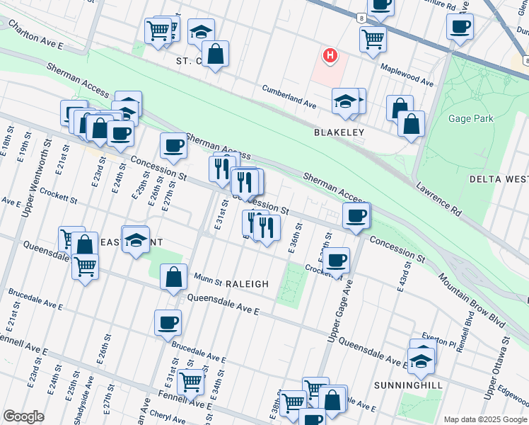 map of restaurants, bars, coffee shops, grocery stores, and more near 816 Concession Street in Hamilton