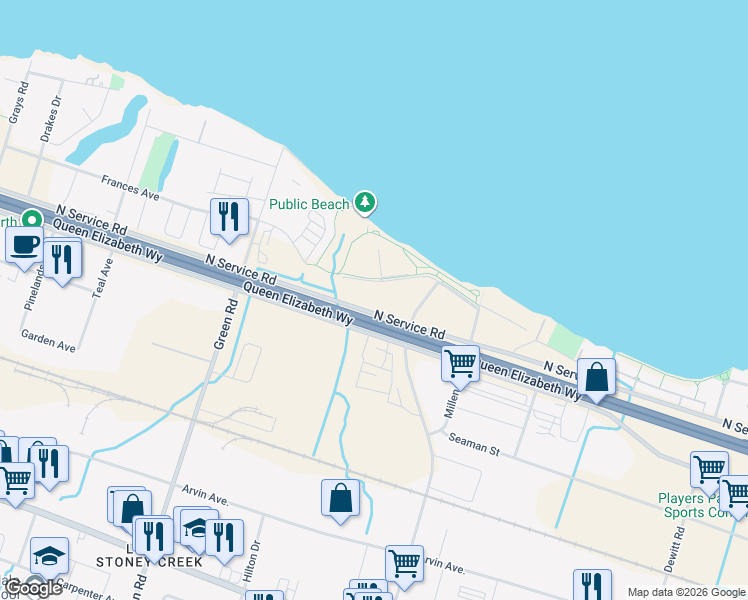 map of restaurants, bars, coffee shops, grocery stores, and more near 98 Shoreview Place in Hamilton