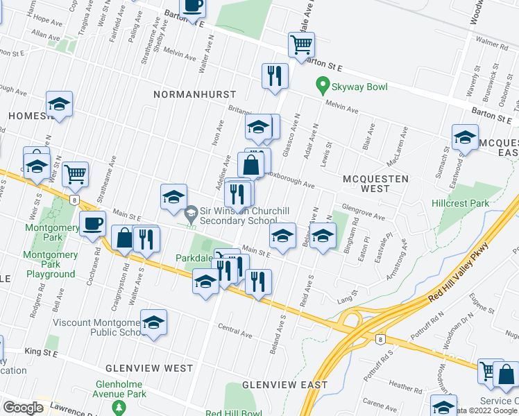 map of restaurants, bars, coffee shops, grocery stores, and more near 1175 Dunsmure Road in Hamilton