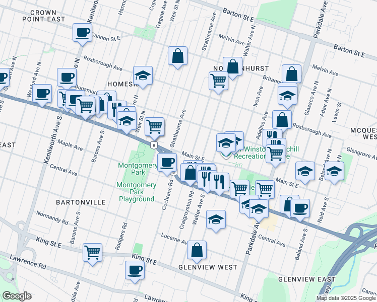 map of restaurants, bars, coffee shops, grocery stores, and more near 1653 Main Street East in Hamilton