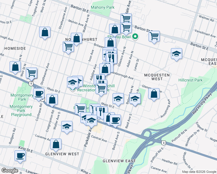 map of restaurants, bars, coffee shops, grocery stores, and more near 1170 Dunsmure Road in Hamilton