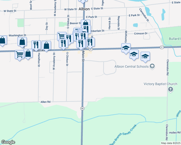 map of restaurants, bars, coffee shops, grocery stores, and more near 5 Clover Lane in Albion