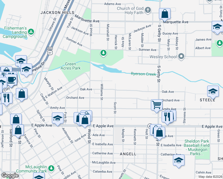 map of restaurants, bars, coffee shops, grocery stores, and more near 540 Orchard Avenue in Muskegon