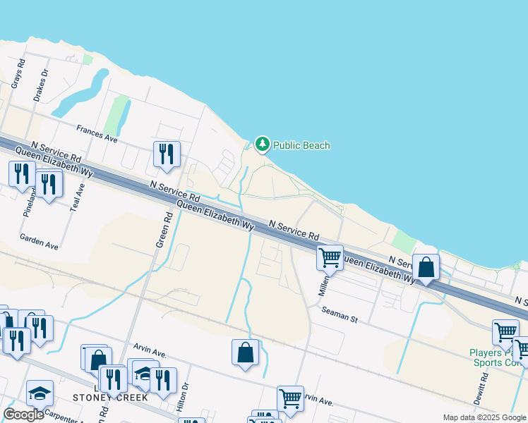 map of restaurants, bars, coffee shops, grocery stores, and more near 98 Shoreview Place in Hamilton
