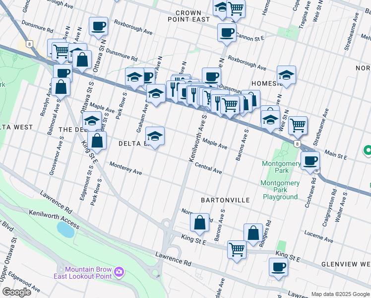 map of restaurants, bars, coffee shops, grocery stores, and more near 89 Tuxedo Avenue South in Hamilton