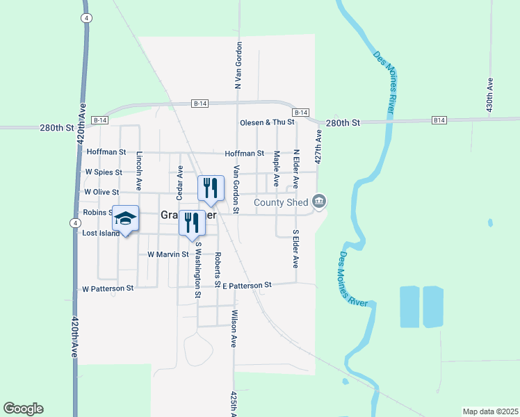 map of restaurants, bars, coffee shops, grocery stores, and more near 307-399 Robins Street in Graettinger