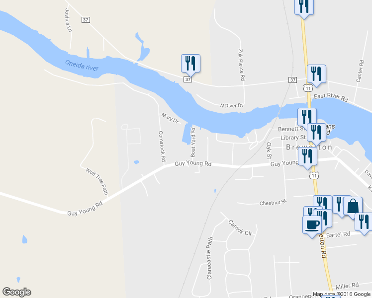 map of restaurants, bars, coffee shops, grocery stores, and more near 5307 Guy Young Road in Brewerton