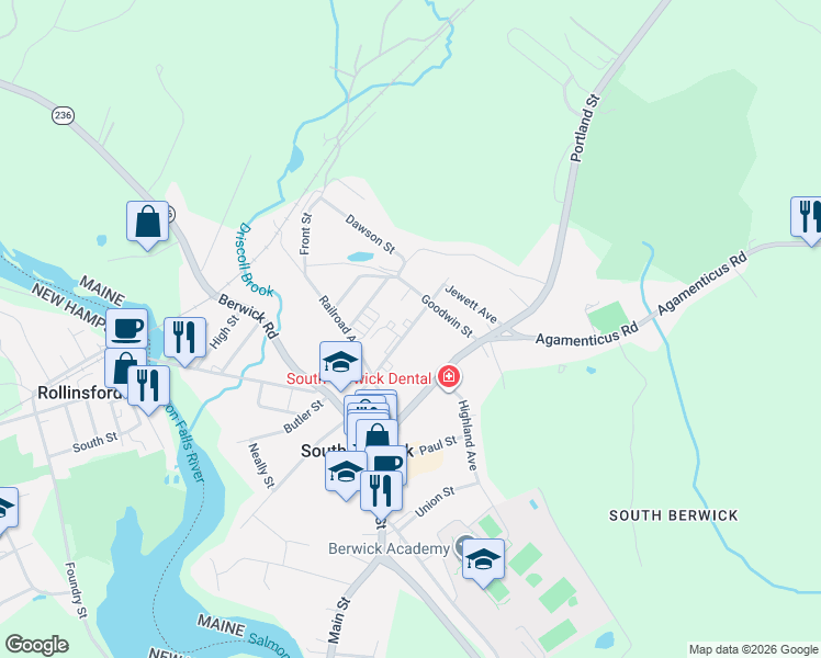 map of restaurants, bars, coffee shops, grocery stores, and more near 85 Norton Street in South Berwick