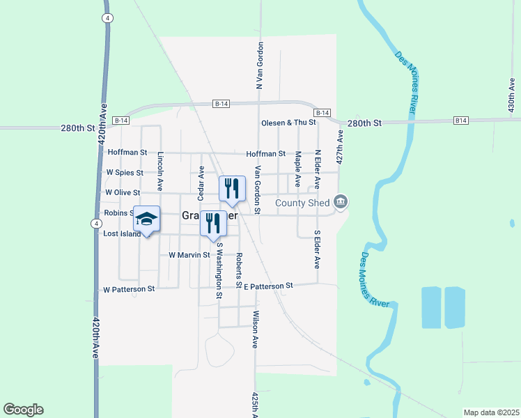 map of restaurants, bars, coffee shops, grocery stores, and more near 307 Robins Street in Graettinger