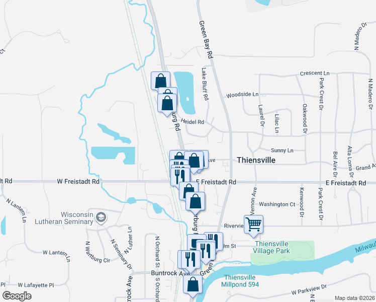 map of restaurants, bars, coffee shops, grocery stores, and more near 406 North Main Street in Thiensville