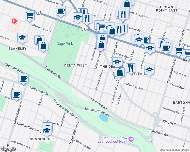 map of restaurants, bars, coffee shops, grocery stores, and more near 189 Balmoral Avenue South in Hamilton