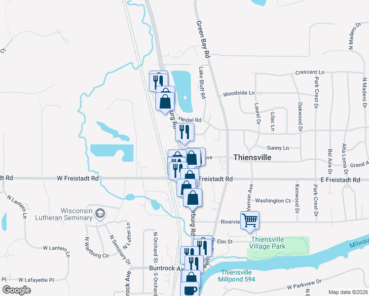 map of restaurants, bars, coffee shops, grocery stores, and more near 106 Grand Avenue in Thiensville