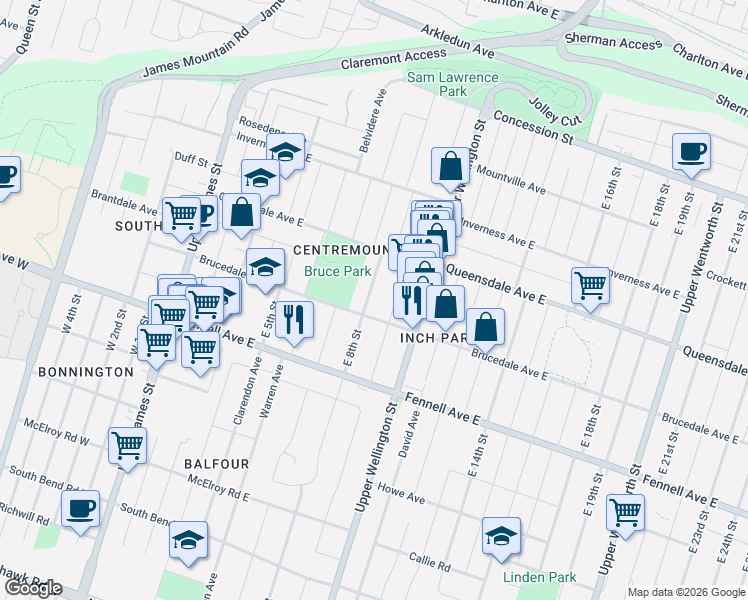 map of restaurants, bars, coffee shops, grocery stores, and more near 197 Brucedale Avenue East in Hamilton