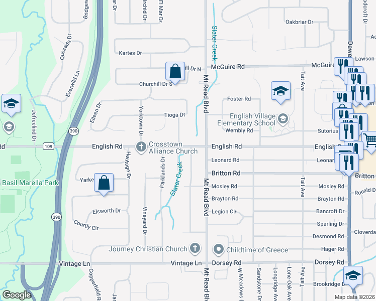 map of restaurants, bars, coffee shops, grocery stores, and more near 1 Lamplighter Lane in Rochester