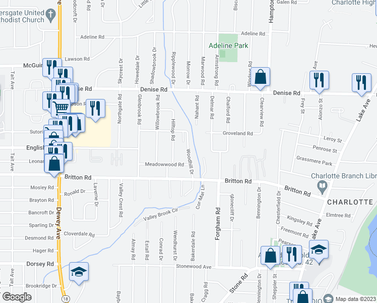 map of restaurants, bars, coffee shops, grocery stores, and more near 94 Woodhill Drive in Rochester