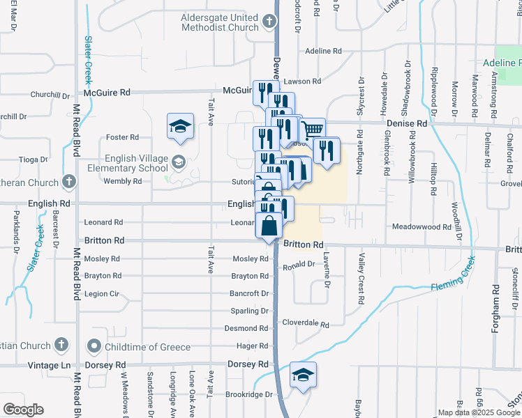 map of restaurants, bars, coffee shops, grocery stores, and more near 31 English Road in Rochester