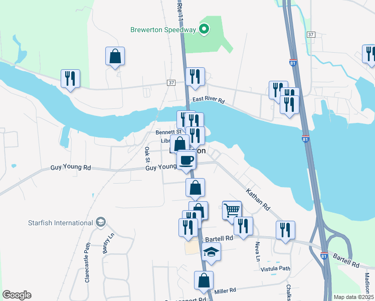 map of restaurants, bars, coffee shops, grocery stores, and more near in Brewerton