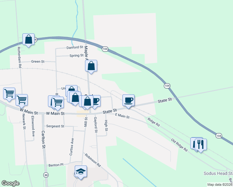 map of restaurants, bars, coffee shops, grocery stores, and more near 30 Shaver Street in Sodus