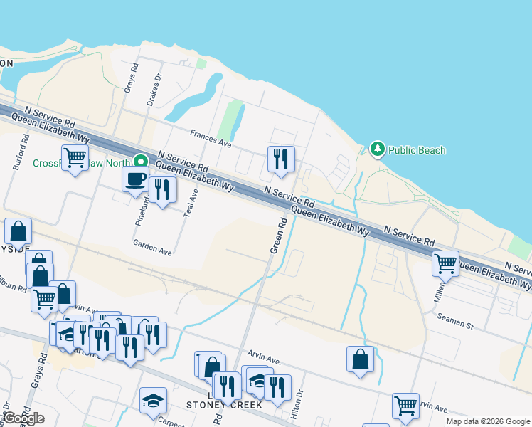 map of restaurants, bars, coffee shops, grocery stores, and more near 266 South Service Road in Hamilton