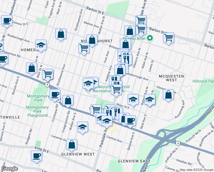 map of restaurants, bars, coffee shops, grocery stores, and more near 1124 Dunsmure Road in Hamilton