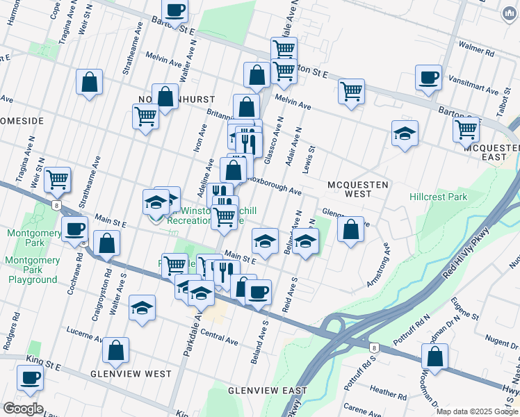 map of restaurants, bars, coffee shops, grocery stores, and more near 1197 Dunsmure Road in Hamilton