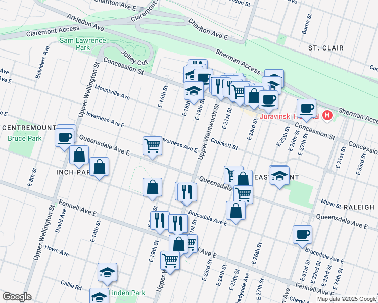map of restaurants, bars, coffee shops, grocery stores, and more near 183 East 19th Street in Hamilton