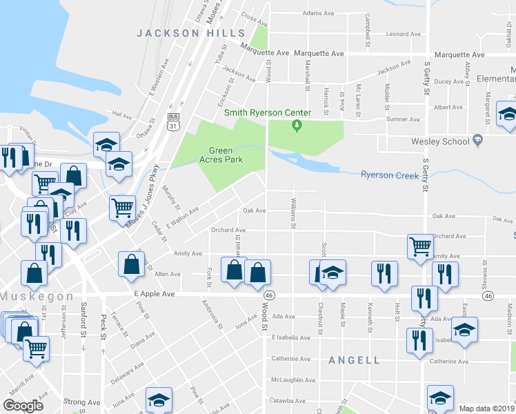 map of restaurants, bars, coffee shops, grocery stores, and more near 380 Oak Avenue in Muskegon