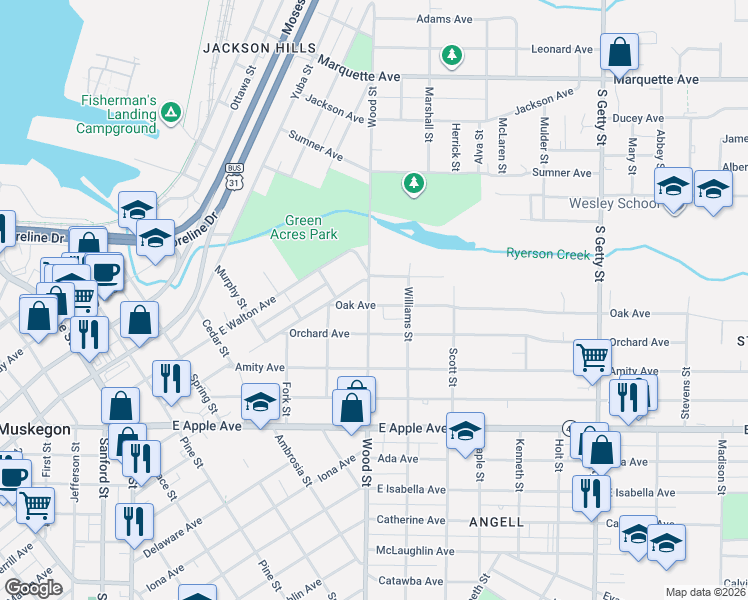 map of restaurants, bars, coffee shops, grocery stores, and more near 818 Wood Street in Muskegon