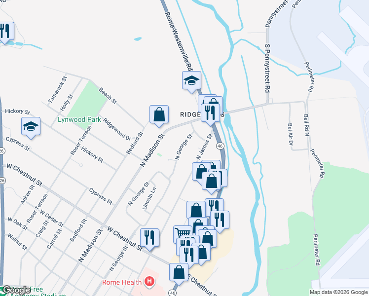 map of restaurants, bars, coffee shops, grocery stores, and more near 1904 North George Street in Rome