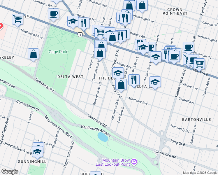 map of restaurants, bars, coffee shops, grocery stores, and more near 159 Ottawa Street South in Hamilton