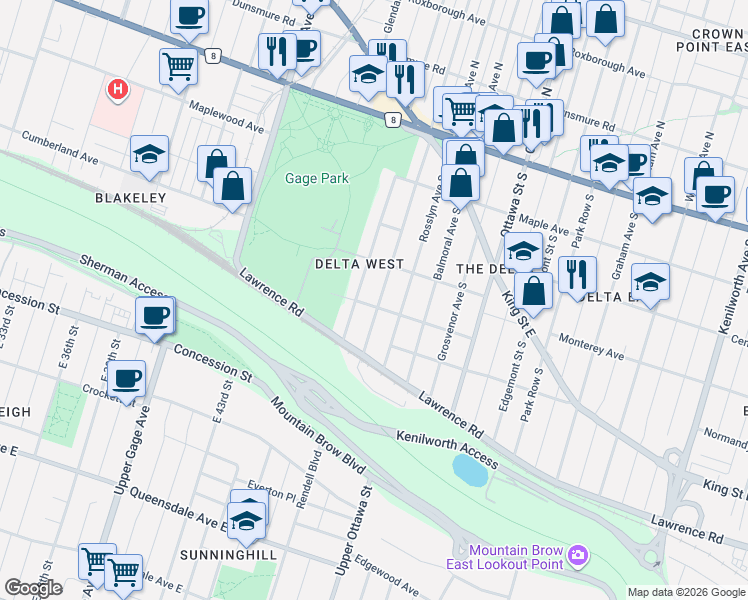 map of restaurants, bars, coffee shops, grocery stores, and more near 180 Rosslyn Avenue South in Hamilton