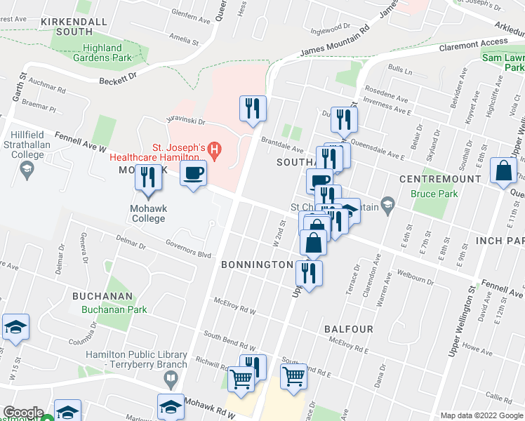 map of restaurants, bars, coffee shops, grocery stores, and more near 77 Fennell Avenue West in Hamilton