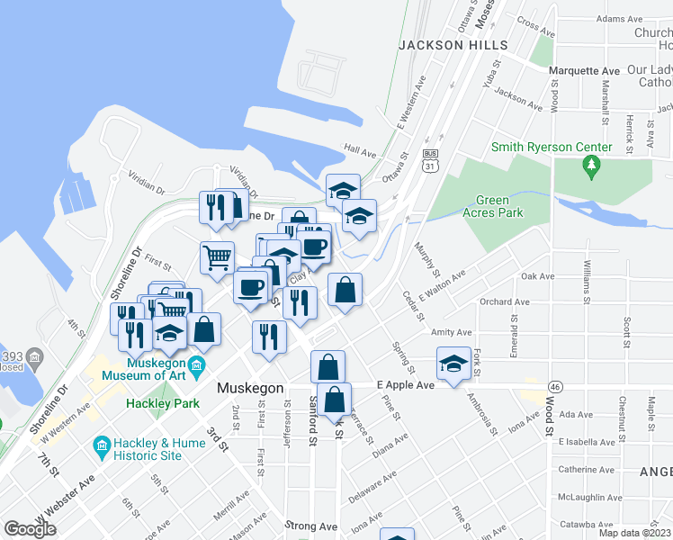 map of restaurants, bars, coffee shops, grocery stores, and more near 4 West Webster Avenue in Muskegon