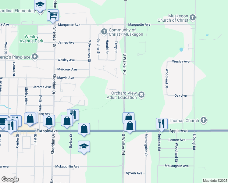 map of restaurants, bars, coffee shops, grocery stores, and more near 2690 Chesapeake Drive in Muskegon