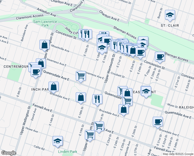 map of restaurants, bars, coffee shops, grocery stores, and more near 124 East 19th Street in Hamilton
