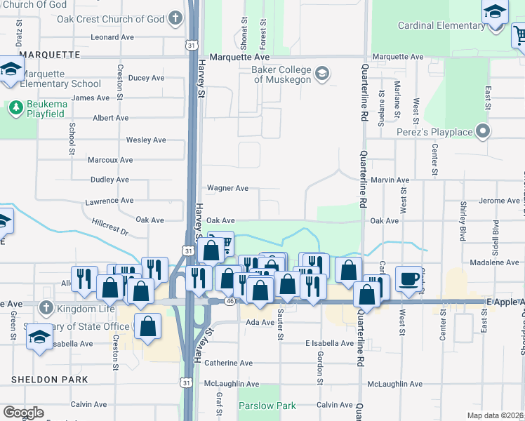 map of restaurants, bars, coffee shops, grocery stores, and more near 1762 Oak Avenue in Muskegon