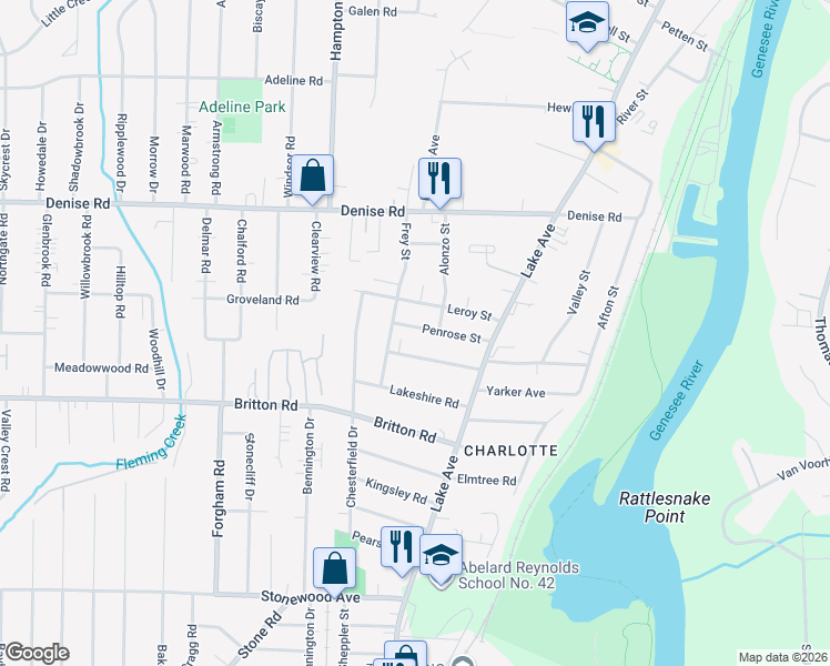 map of restaurants, bars, coffee shops, grocery stores, and more near 139 Leroy Street in Rochester