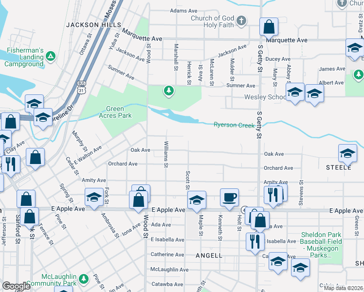 map of restaurants, bars, coffee shops, grocery stores, and more near 539 White Avenue in Muskegon