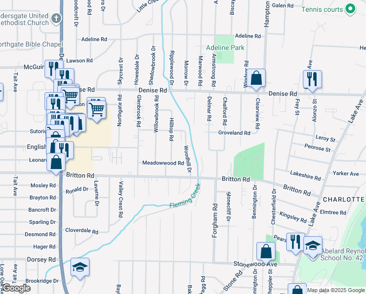 map of restaurants, bars, coffee shops, grocery stores, and more near 101 Woodhill Drive in Rochester