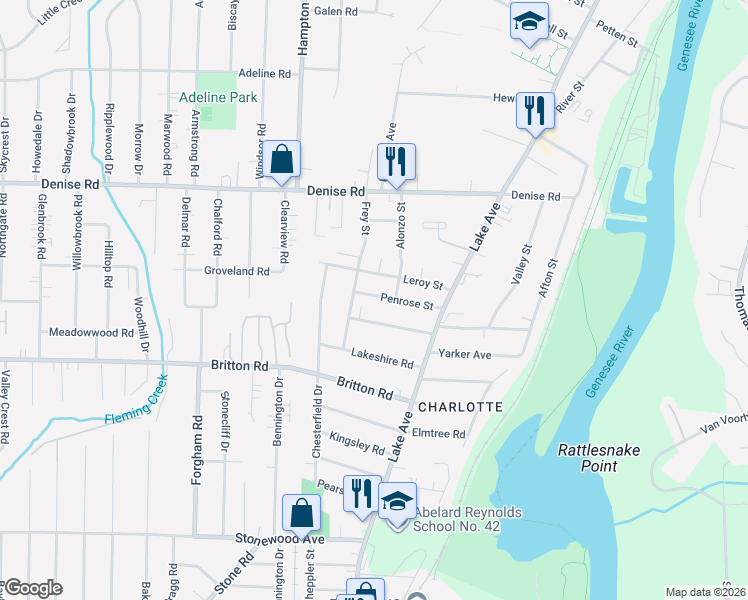 map of restaurants, bars, coffee shops, grocery stores, and more near 139 Leroy Street in Rochester