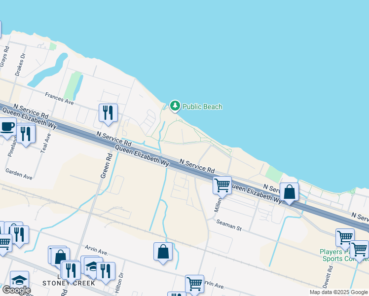 map of restaurants, bars, coffee shops, grocery stores, and more near 130 Shoreview Place in Hamilton