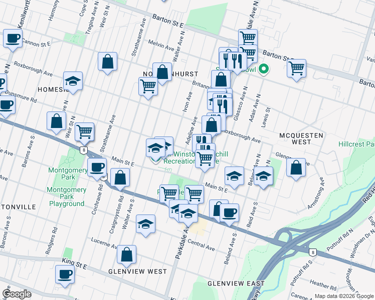 map of restaurants, bars, coffee shops, grocery stores, and more near 87 Glennie Avenue in Hamilton