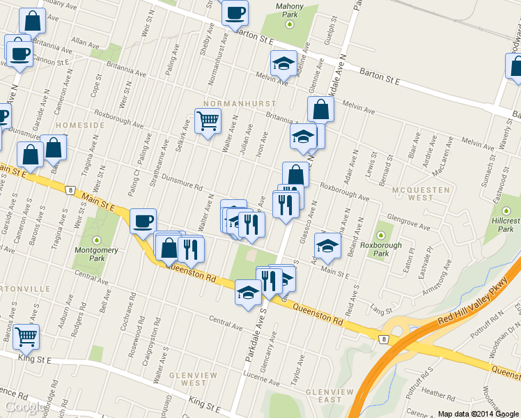 map of restaurants, bars, coffee shops, grocery stores, and more near 1124 Dunsmure Road in Hamilton